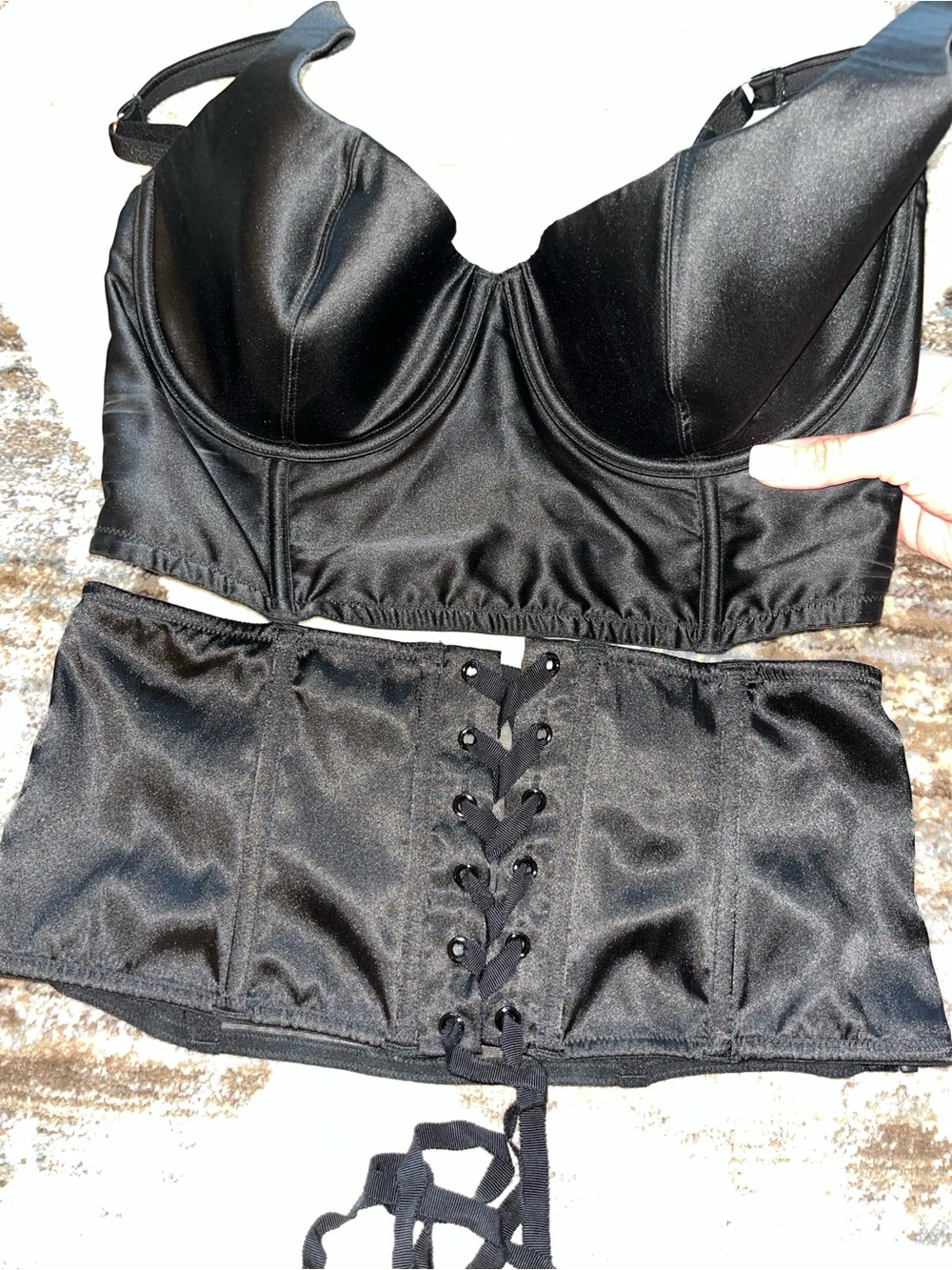 Victorias Secret 34D Black Satin Lace-Up Bustier Crop and Garter set